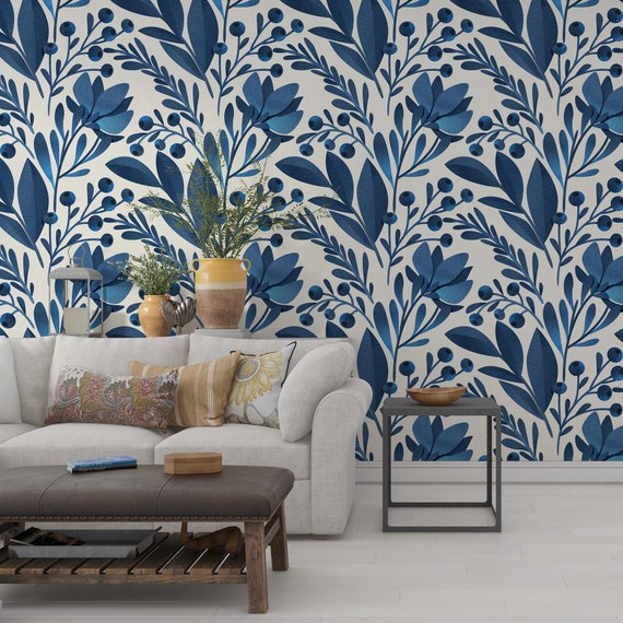 Removable Wallpaper Watercolor Wallpaper Blue Leaves Wall Art Blue Leaves Print Art Deco Wallpaper Floral Wallpaper Girls Wallpaper
