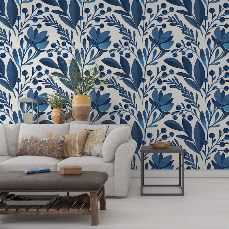 Removable Wallpaper Watercolor Wallpaper Blue Leaves Wall Art Etsy