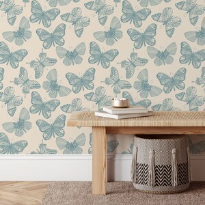 Blue Vintage Butterfly Temporary Wallpaper Roll - Aesthetic Butterfly on Beige Background Modern Removable Wallpaper for Renters