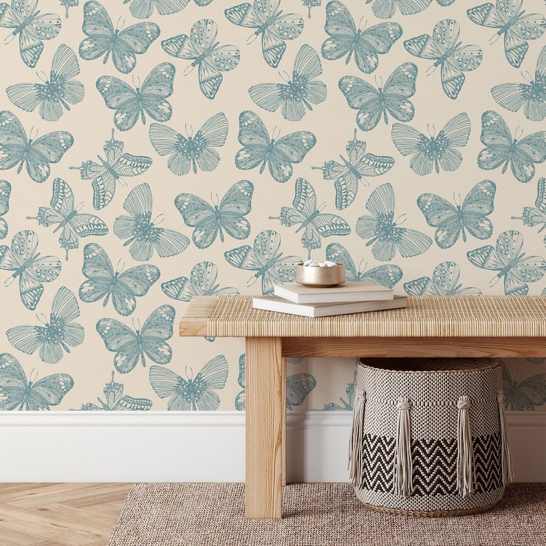 Blue Vintage Butterfly Temporary Wallpaper Roll - Aesthetic Butterfly on Beige Background Modern Removable Wallpaper for Renters
