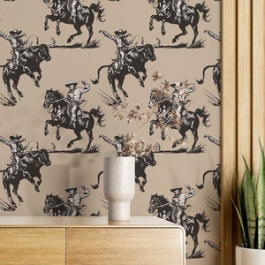 Wild West Cowboy Temporary Wallpaper Peel and Stick - Dark Western Cowboy, Bull and Horses Vintage Style Removable Wallpaper for Renters