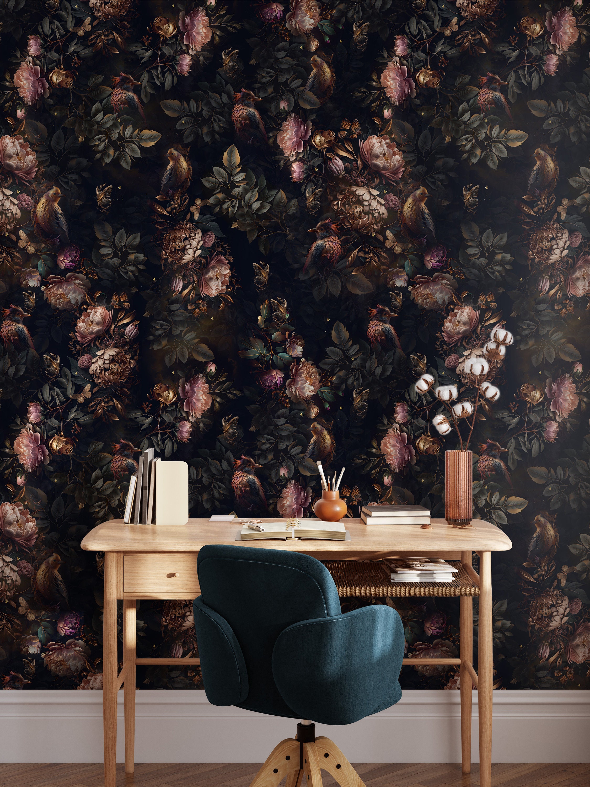 Dark Floral Moody Wallpaper Peel and Stick Blossom Large Wall Mural ...