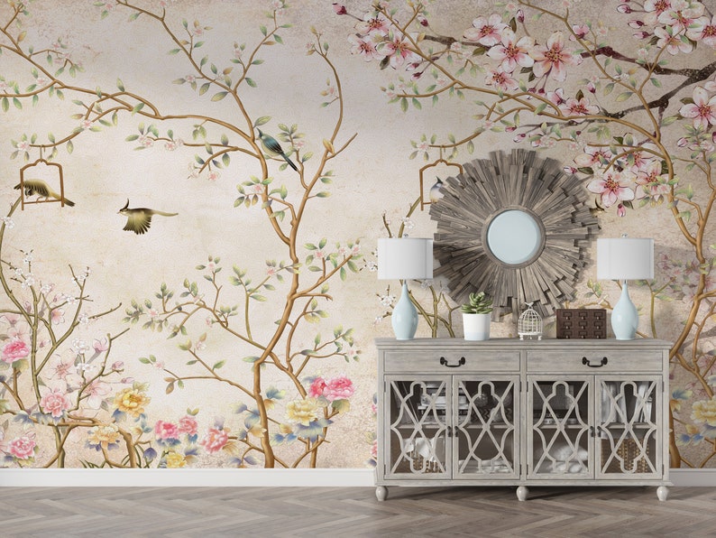 Vintage florals Cherry Blossom Tree Chinoiserie Wallpaper Removable Wallpaper Peel and Stick Wallpaper Wall Mural Cherry blossom EZW212 image 3