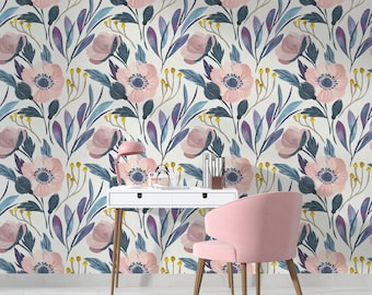 Peel and Stick Wallpaper Wall Mural Baby Room Watercolor Wallpaper Bohemian Wallpaper Pink Wallpaper Temporary Wallpaper Floral Wall Decor