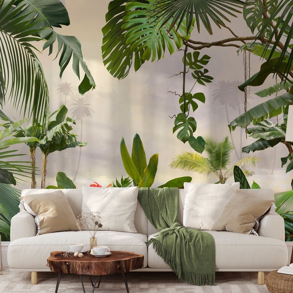 Peel and Stick Rainforest Wallpaper Tropical Forest Wall Mural Jungle Leaves Palm Tree Wallpaper