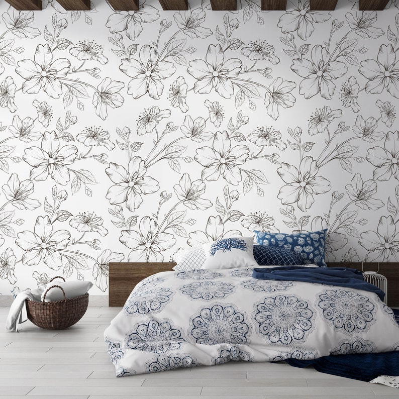 Self Adhesive Wallpaper Black and White Wallpaper Floral Wallpaper Bathroom Art Back and White Vintage Nursery Wall Covering image 4
