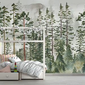 Peel and Stick Wallpaper Pine Tree Wallpaper Removable Wallpaper Wild forest removable wallpaper Watercolor Wallpaper Green forest wallpaper