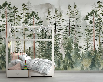 Peel and Stick Wallpaper Pine Tree Wallpaper Removable Wallpaper Wild forest removable wallpaper Watercolor Wallpaper Green forest wallpaper