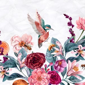May include: Watercolor illustration of a vibrant floral arrangement with a flying hummingbird. The bouquet features pink and burgundy flowers, green leaves, bees, and a slice of orange against a textured white background.