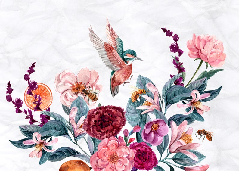 May include: Watercolor illustration of a vibrant floral arrangement with a flying hummingbird. The bouquet features pink and burgundy flowers, green leaves, bees, and a slice of orange against a textured white background.