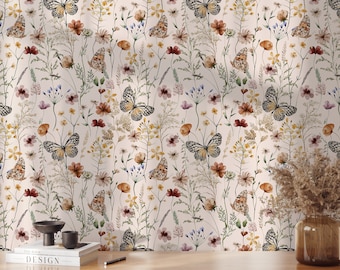 Butterfly and Flower Wallpaper Peel and Stick - Vintage Botanical Self Adhesive or Traditional Floral Wallpaper and Renter Friendly EZW44