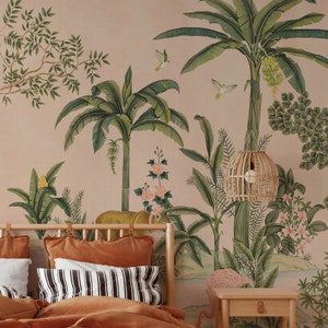 Jungle Forest Landscape Peel and Stick Mural Wallpaper - Vintage Antique Tropical Animals on Pink Background Self Adhesive Renters Wallpaper