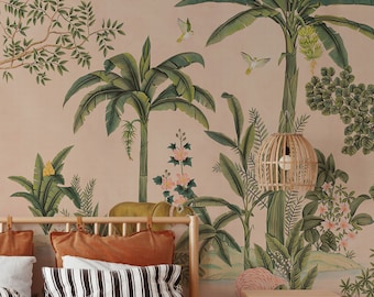 Jungle Forest Landscape Peel and Stick Mural Wallpaper - Vintage Antique Tropical Animals on Pink Background Self Adhesive Renters Wallpaper