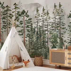 Foggy Pine Tree Woodland Forest Peel and Stick Wall Mural - Fairy Tree Kids Nursery Removable or Traditional Forest Wallpaper for Renters