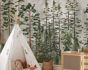 Foggy Pine Tree Woodland Forest Peel and Stick Wall Mural - Fairy Tree Kids Nursery Removable Forest Wallpaper for Renters EZW169