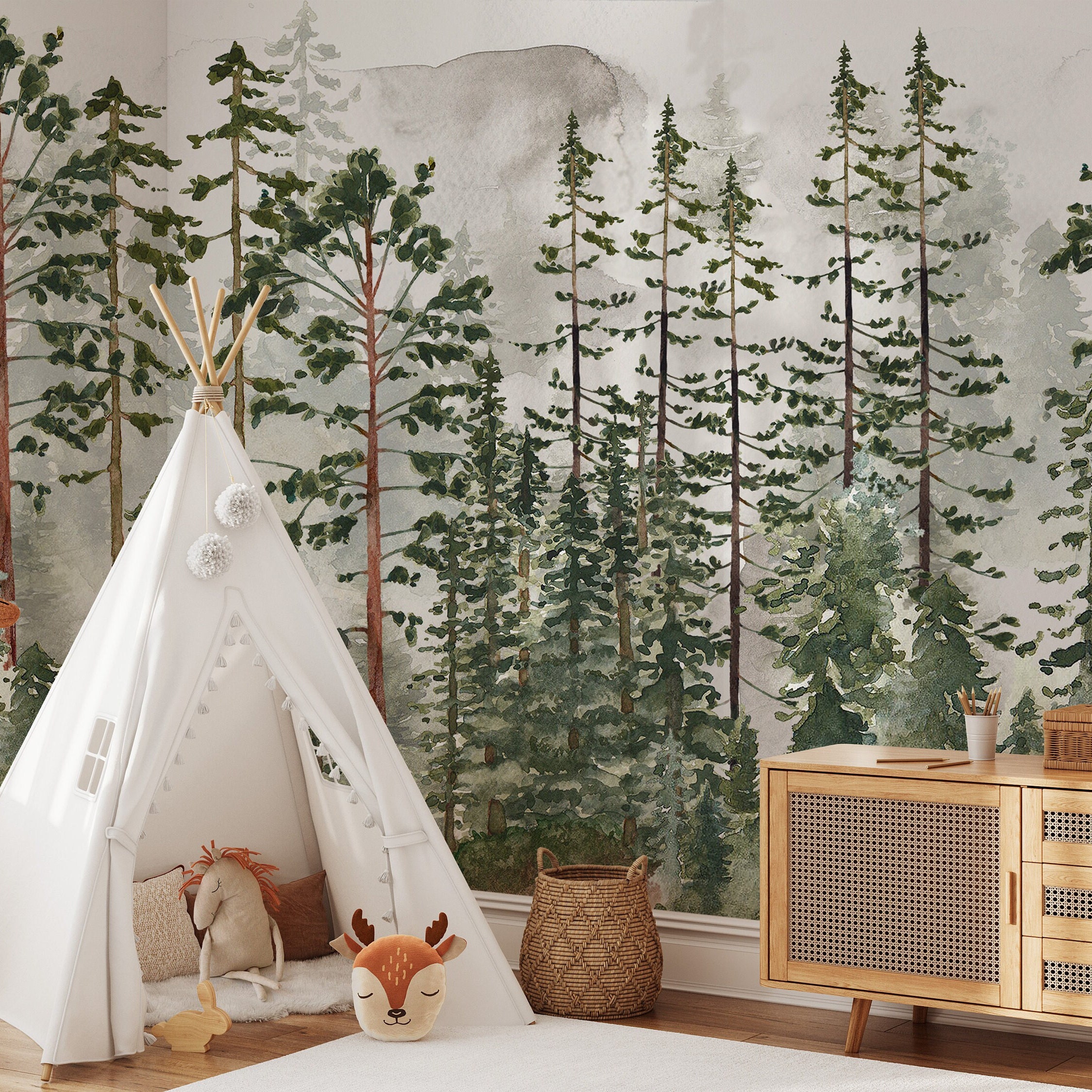 Foggy Pine Tree Woodland Forest Peel and Stick Wall Mural - Fairy Tree ...