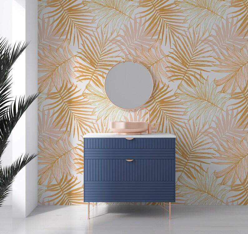Removable Wallpaper Gold Tropical Leaf Print Wallpaper Gold Etsy