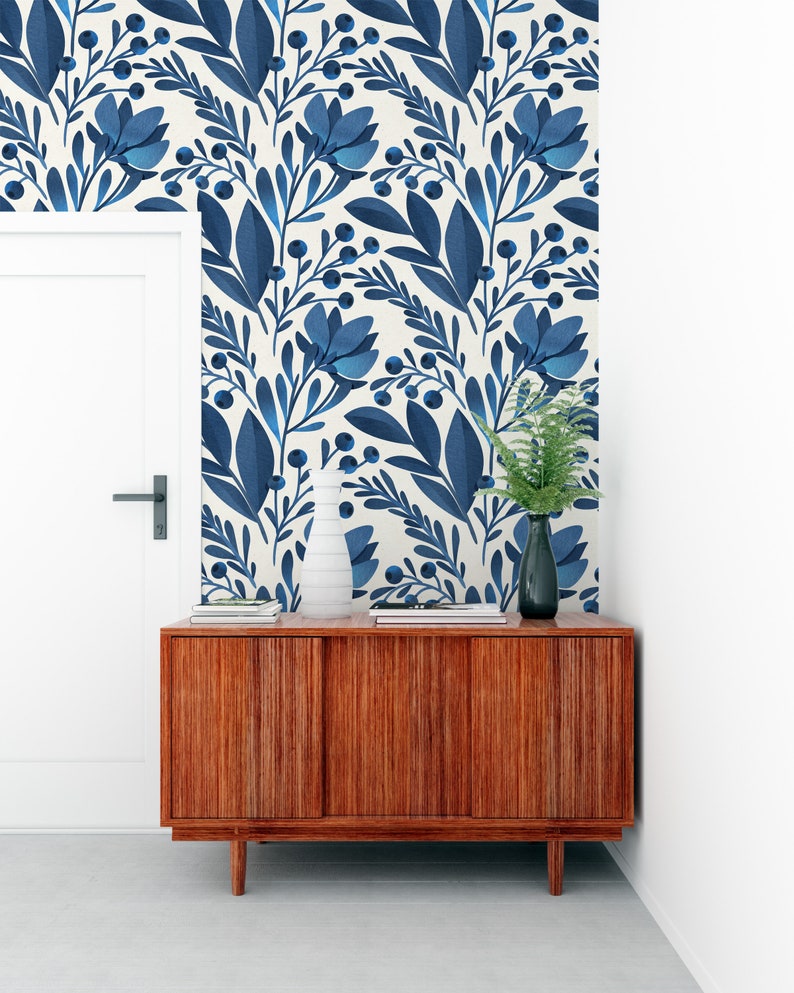 Removable Wallpaper Watercolor Wallpaper Blue Leaves Wall Art Etsy