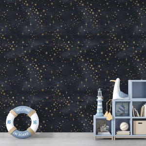 May include: A dark blue wall with a gold star pattern. A white life preserver with the text "Welcome On Board" is in the foreground. A blue shelf unit with a seagull figurine, a lighthouse, and books is in the right corner.