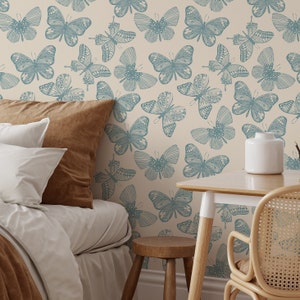 Blue Vintage Butterfly Temporary Wallpaper Roll - Aesthetic Butterfly on Beige Background Modern Removable Wallpaper for Renters