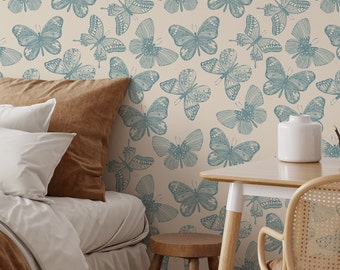 Blue Vintage Butterfly Temporary Wallpaper Roll - Aesthetic Butterfly on Beige Background Modern Removable Wallpaper for Renters