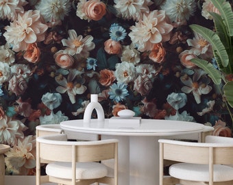 Dark Vintage Baroque Flower Moody Peel and Stick Wallpaper - Botanical Home Decor for Renters, Black Background Temporary Floral Wallpaper