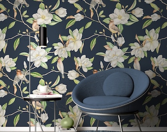 Peel Stick Wallpaper Bathroom Wallpaper Birds Wallpaper Magnolia Tree Blue Removable Wallpaper Magnolia Floral Wallpaper Temporary Wallcover