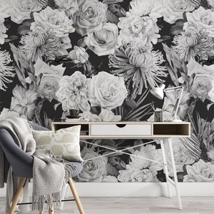 Black and White Roses Gothic Wallpaper Vintage Floral Wallpaper Roses Wallpaper Wall Decor Dark Wallpaper Black and White Wall Mural