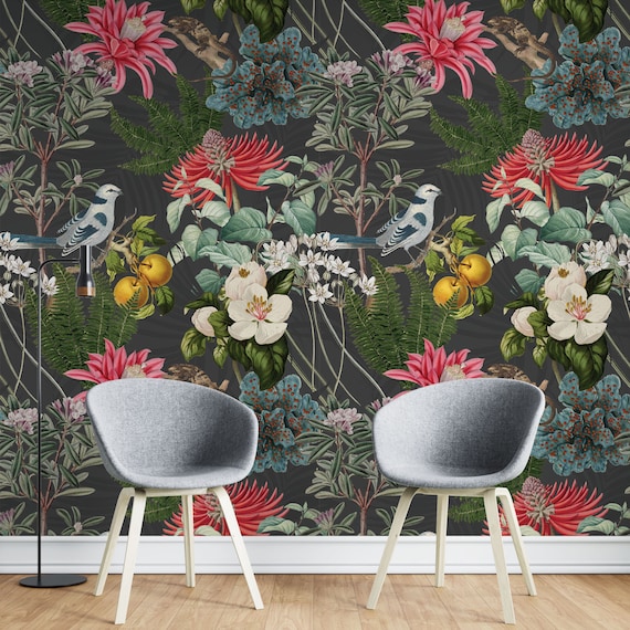 Dark Tropical Peel and Stick Wallpaper Removable Wallpaper Botanical Illustration Jungle Pattern Birds and Flowers Dark Botanical Mural