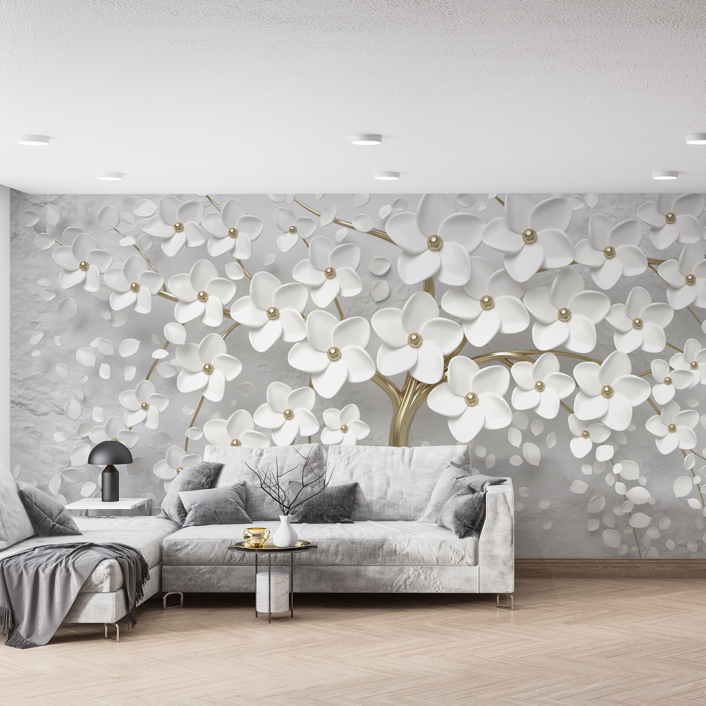3D White Flowers 675 Wall Paper Print Decal Deco Wall Mural Self-Adhesive  Wallpaper AJ US Lv (Woven Paper (Need Glue), 【205”x114”】 520x290cm(WxH))
