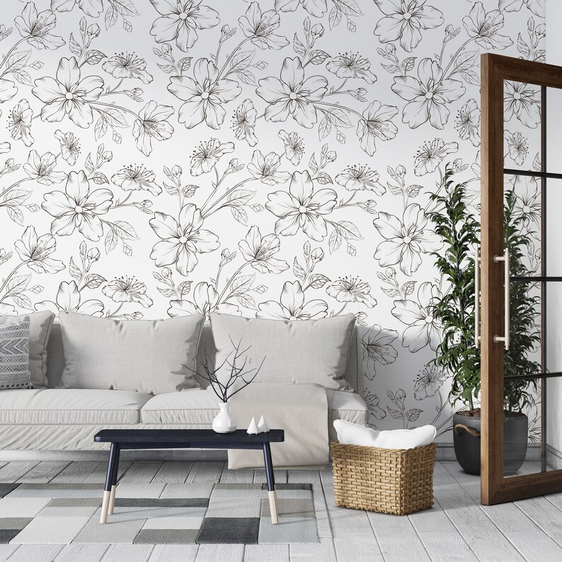 Self Adhesive Wallpaper Black and White Wallpaper Floral Wallpaper Bathroom Art Back and White Vintage Nursery Wall Covering image 3