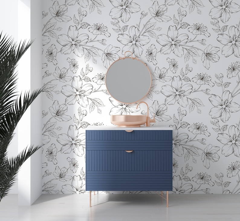Self Adhesive Wallpaper Black and White Wallpaper Floral Wallpaper Bathroom Art Back and White Vintage Nursery Wall Covering image 1