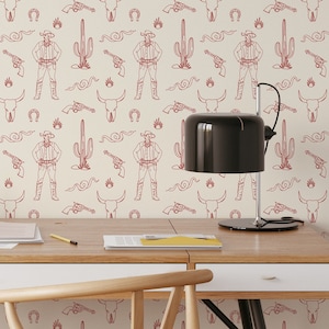 Boho Western Cowboy Decor Removable Wallpaper - Wild West Cowboy Theme with Cactus and Bulls Self Adhesive Wallpaper for Renters