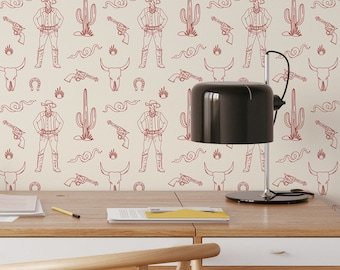 Boho Western Cowboy Decor Removable Wallpaper - Wild West Cowboy Theme with Cactus and Bulls Self Adhesive Wallpaper for Renters