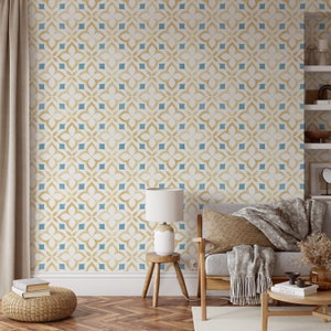 Yellow and Blue Moroccan Pattern Vintage Wallpaper Peel and Stick - Geometric Renters Temporary Wallpaper EZW254
