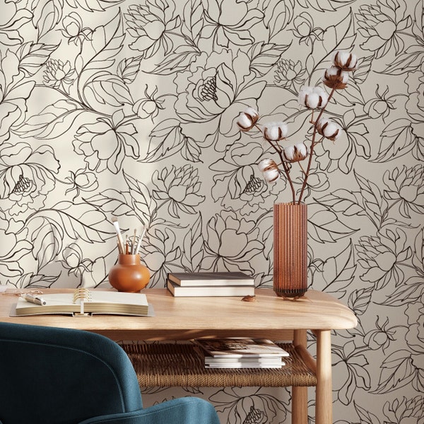 Boho Line Drawing Peony Wallpaper Peel and Stick- Minimalist Flower Large Scale Boho Floral Self Adhesive Removable or Traditional Wallpaper