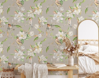 Peel and Stick Wallpaper Bird Wallpaper Magnolia Floral Wallpaper Boho Wallpaper Self Adhesive Simple Wallpaper Magnolia Leaves