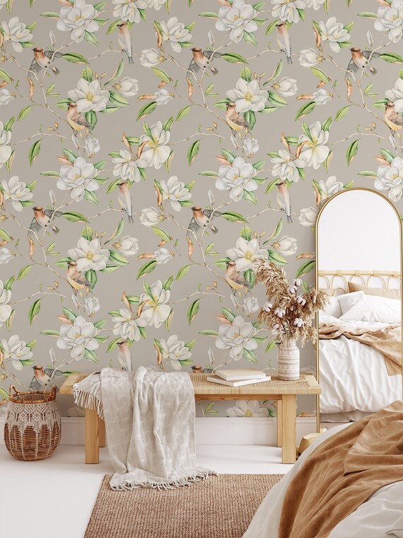 Peel and Stick Wallpaper Bird Wallpaper Magnolia Floral Wallpaper