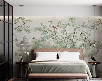 Chinoiserie Wallpaper Peel and Stick Wallpaper Wall Mural Wall Paper Japanese Garden Sakura Birds Tree Wallpaper Removable Wallpaper