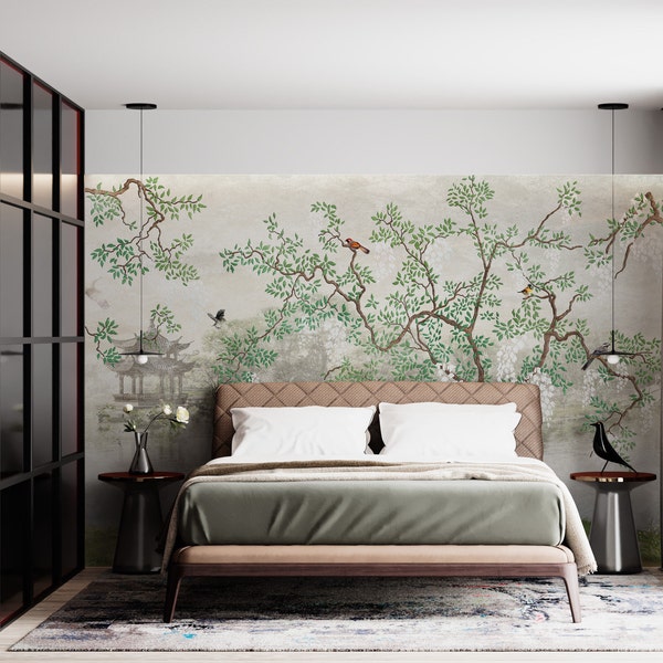 Chinoiserie Wallpaper Peel and Stick Wallpaper Wall Mural Wall Paper Japanese Garden Sakura Birds Tree Wallpaper Removable Wallpaper