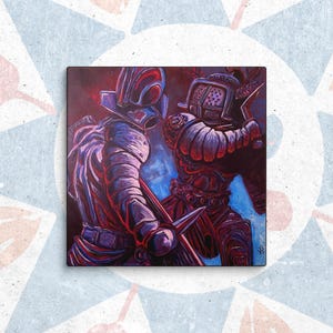 Puede incluir: Arte en lienzo cuadrado que representa a dos figuras con armadura en una escena de batalla. Las figuras están representadas en tonos de rojo, morado y azul, con espadas desenvainadas. La obra tiene un tema dramático e histórico.