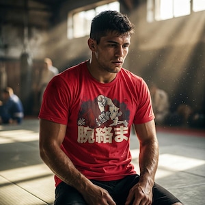 May include: A red t-shirt with a graphic of a martial arts scene and Japanese text. The person in the image is wearing black shorts and is sitting down. The background is a gym setting with other people in the background.
