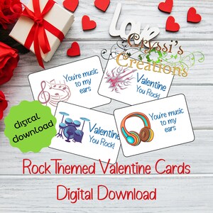 Afdrukbare Valentijnskaarten met rockthema | Digitale download | Kinderen | School | Leuk | Muziek | Gitaar | Trommels | Koptelefoon