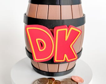Donkey Kong Piggy Bank – 3D Printed DK Barrel Coin Bank, Gamer Gift, Nintendo Decor, Mario Collectible, Gamer Room Decor, Barrel Coin switch
