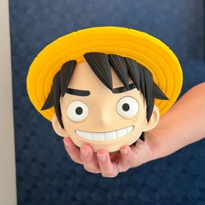 Puede incluir: Una cabeza de figura estilizada con cabello negro, una amplia sonrisa y un llamativo sombrero de paja amarillo. El personaje presenta grandes ojos blancos con pupilas negras y una pequeña cicatriz horizontal justo debajo del ojo izquierdo.