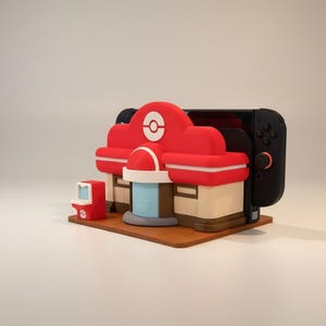 May include: A red and white themed Nintendo Switch dock shaped like a Pok&eacute;mon Center. The dock has a small red arcade machine and a brown base. A black Nintendo Switch is inserted into the dock.