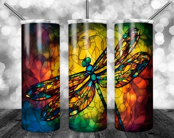 Rainbow stained glass dragonfly stainless steel tumbler travel mug