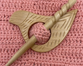 Bird Shawl Pin // Wrap Pin // Wooden Shawl Pin // Crocheted Shawl Pin // Knitted Shawl Pin // Bird Shape Pin // Gifts for Her