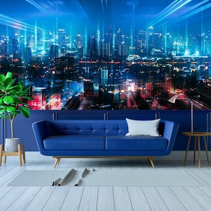 Smart city wallpaper, Bangkok city Thailand at night | peel and stick, self adhesive, wall mural, removable wallpaper