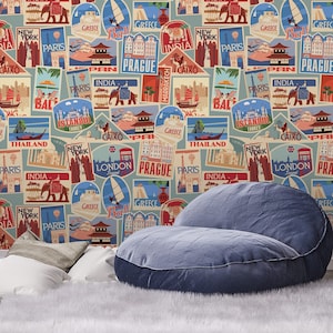 Retro colorful wallpaper, countries and cities, Europe, Africa, Asia and America [Peel and Stick (self adhesive) or Non-Pasted Vinyl Papers]